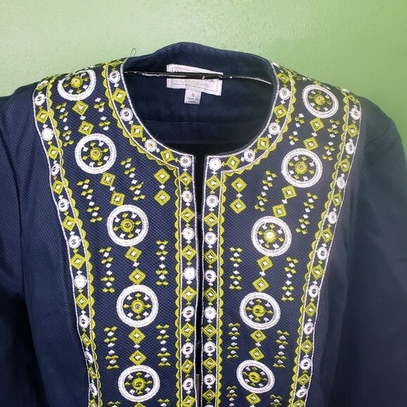 Victor Costa Womans Navy Blue Cotton Green Geometric Embroidered Jacket size sm - Picture 3 of 11